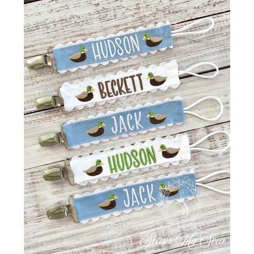 PACI CLIP Mallard Duck Custom Name Pacifier Clip Ric Rac Monogrammed Paci Clip Baby Shower Gift Newborn Bringing Home Gift