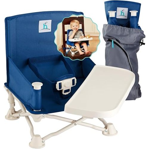 Hiccapop Travel Seat with Tray for Baby | Folding Portable Baby Booster Seat for Dining Table, Camping, Beach, Grandma’s | Tip-Free Design Straps to Kitchen Chairs - Booster Chair