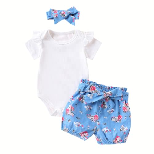 Kaipiclos Newborn Infant Girl Clothes Rib Knit Romper Daisy Print Shorts Headband Baby Summer Clothes 0 3 6 12 18 24 Months