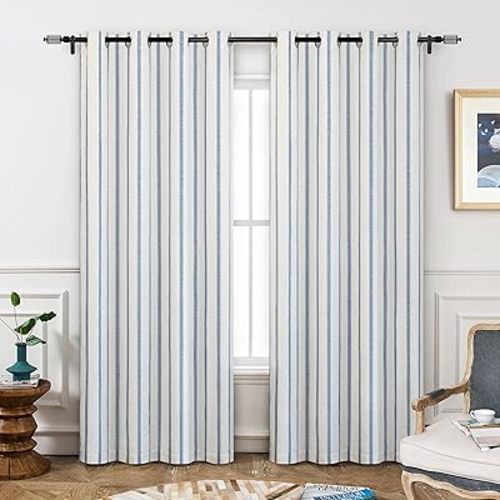 DriftAway Farmhouse Linen Blend Blackout Curtains 84 Inches Long for Bedroom Vertical Striped Printed Linen Curtains Thermal Insulated Lined Treatments for Living Room 2 Panels W52 x L84 Navy
