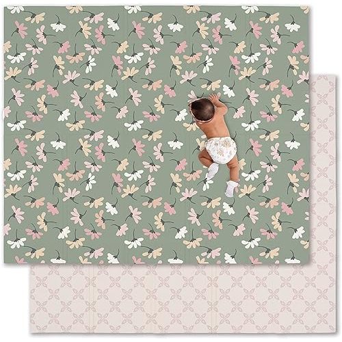 JumpOff Jo Baby Play Mat - Large Folding Foam Play Mat for Infants, Babies, Toddlers, Waterproof, Double-Sided (70" x 59") - Garden Party