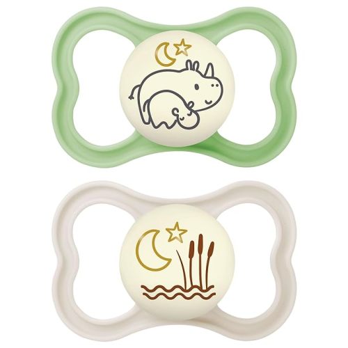MAM Air Night Pacifiers, MAM Sensitive Skin Pacifier 6+ Months, Glow in The Dark Pacifier, Best Pacifier for Breastfed Babies, Unisex Baby Pacifiers, 2 Count (Pack of 1), Designs May Vary