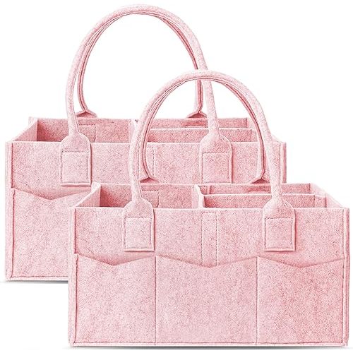 Cute Castle 2 Pack Diaper Caddy Organizer - Portable Baby Caddy Organizer with Handle, Nursery Storage Bin and Car Organizer for Girls, Boys - Baby Gift Basket - Pink