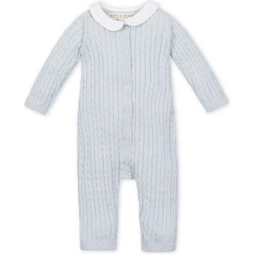 Organic Peter Pan Collar Button Front Sweater Romper, Airy Blue Cable - Hope & Henry | Maisonette