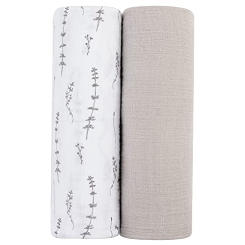 Ely's & Co. Muslin Swaddle Blanket 2-Pack — 100% Cotton Muslin Extra-Large Swaddle Blankets (47” x 47”) Solid + Printed (Forest Grey Delicate Leaves + Solid Pebble Grey)