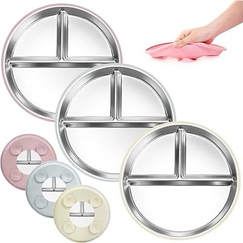 Bella's Friends Stainless Steel Toddler Plates Silicone Suction,3 Packs Non-Slip Kids Plates,Divided Portion,Food-Grade Silicone Plate for Baby,LEAD-FREE Dishwasher Safe,Grey White Pink