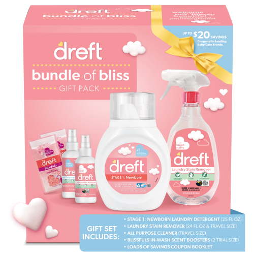 Dreft Bundle of Bliss Baby Gift Set with Laundry Detergent and Stain Remover, Infant Essentials, 16 Loads, 7 Pieces
