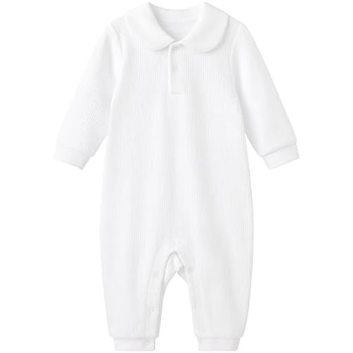pureborn Unisex Baby Jumpsuit Infant Boys Girls Cotton Spring Fall Romper One-Piece Coverall Baptism Outfit White 0-24 Months
