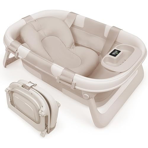 Jool Baby Fold ‘n Store Baby Bathtub – 3 Stage Collapsible Bather for Easy Storage, Portable for Travel – Built-in Thermometer (Oatmeal)