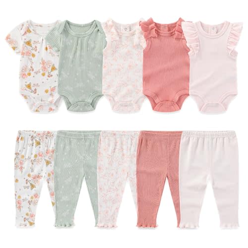 Kiddiezoom Newborn Baby Layette Set 10-Piece with Bodysuits and Pants Set for Unisex Baby Gift Sets