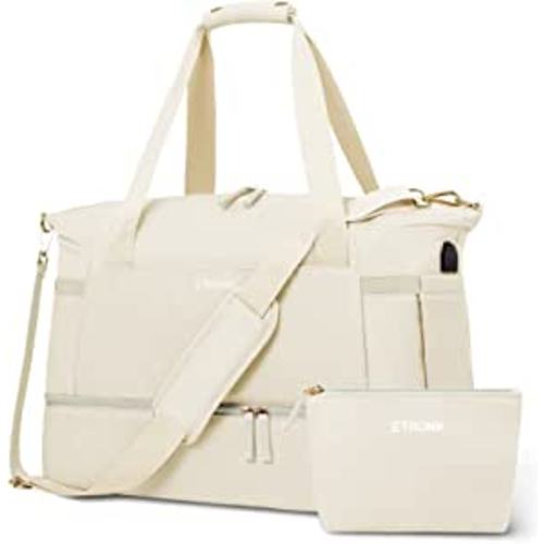 Amazon.com | Gym Bag for Women, Sports Travel Duffel Bag with USB Charging Port, Weekender Overnight Bag with Wet Pocket and Shoes Compartment for Women Girls Travel, Gym, Yoga, School (Off White) | Travel Duffels