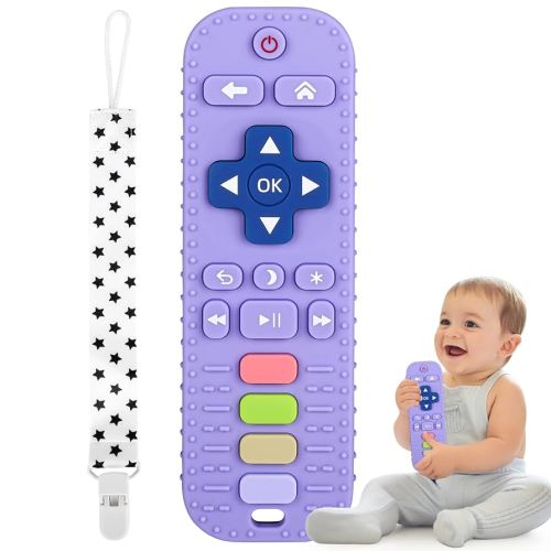 Fu Store Silicone Teething Toys for 0-24 Months Infant Toddlers, Remote Control Shape Teethers for Babies Chew Toys, Relief Soothe Babies Gums Set Dishwasher and Refrigerator Safe Purple