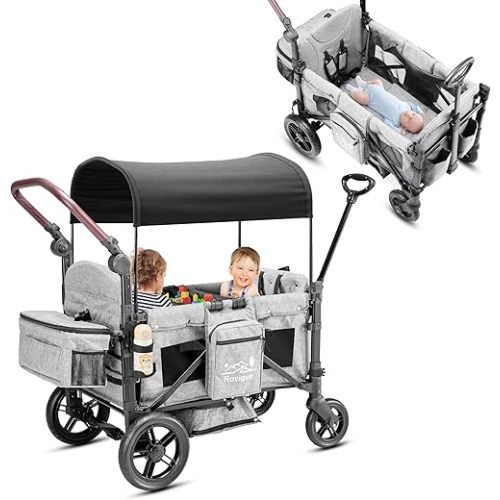 Rovique Wagon Stroller, with Removable Canopy, Snack Tray, Convertible Baby Bassinet, 5-Point Safety Harness, All-Terrain PU Wheels & Adjustable Push/Pull Handle, Grey
