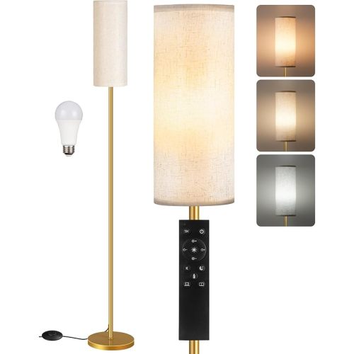 Dimmable Floor Lamp for Living Room with Remote and Foot Switch, Standing Tall Lamp, Bulb Included, 3000K-6500K, Beige and Gold, FCC Listed DE06LD05W1