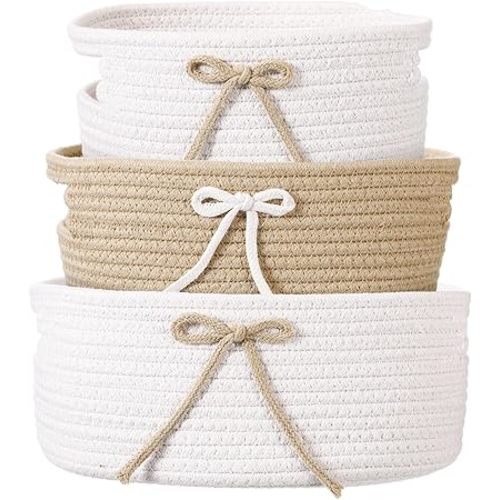 Breling 3 Pieces Coquette Bow Laundry Hamper Cotton Rope Storage Basket Bow Woven Gift Baskets Rope Bin with Handles for Decoration Organization Storage for Nursery, Pet Toy Basket(Khaki, White)