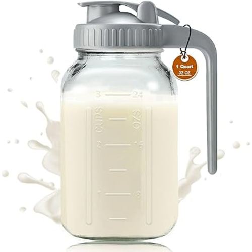 Glass Pitchers with Lid and Handle, 32oz Breast Milk Pitcher, 1 Quart Wide Mouth Mason Jar, Leak-proof Glass Water Pitcher, Creamer Container for Cold Brew, Sun Tea, Juice, Iced Coffee-Gray/1 Pack
