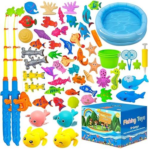 Kiditos 60PCS Magnetic Fishing Bath Toys Game Set,Swimming Fish Toys for Bathtub,Water Table Bathtub Toys for Toddlers Kids Age 3-6, Pool Toys for Pretend Play&Education Teaching&Learning Colors