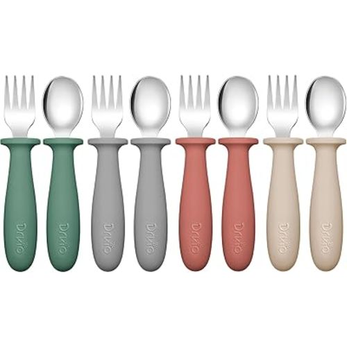 DRKIO 8 Pieces Toddler Utensils Set - Kids Silverware Set with Silicone Handle Children Safe 18/8 Stainless Steel Forks and Spoons Anti-Choke Design Food Grade Dishwasher Safe