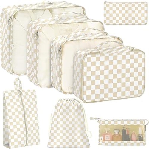 8 Set Packing Cubes for Travel, Luggage Packing Organizers Accessories Large Toiletries Bag for Clothes Shoes Cosmetics (Khaki Checkered)
