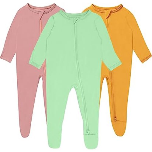 Bamboo Baby Footed Pajamas with Mittens for Girls Boys, 2 Way Zipper Long Sleeve Sleepers 3-pack
