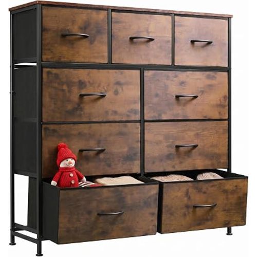 WLIVE Tall Dresser for Bedroom, 9 Drawer Chest of Drawers, Rustic Brown