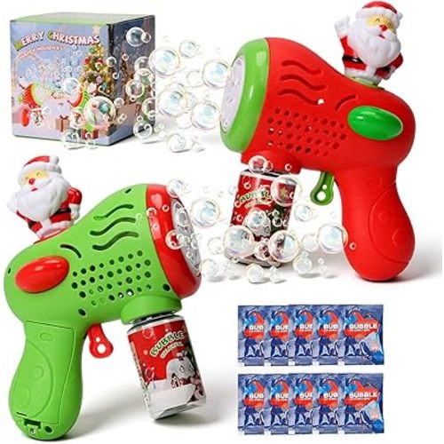 2 Kids Christmas Bubble Gun Set, Santa Bubble Machine with 10 Concentrated Solutions, Bubble Machine Gun for Toddlers 1-3 Kids 4-8, Party Favors, Outdoors, Birthday Gift