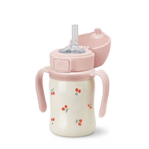 Grosmimi Stainless Steel Straw Cup with Flip Top - 6oz (12 Months+) Cherry_Peach 6oz