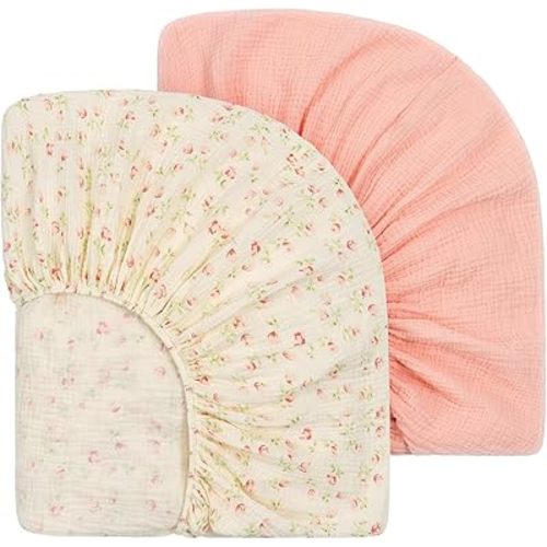 Muslin Crib Sheets for Boys Girls 100% Cotton Neutral Boho Baby Sheet 2 Pack Fitted for 52" x 28" Standard Crib & Toddler Mattress Soft Breathable Pink