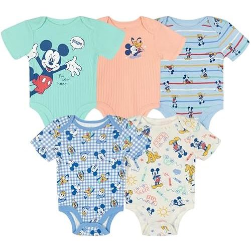 Disney Mickey Mouse Newborn Baby Boys 5 Pack Ribbed Bodysuits Gingham Multi 0-3 Months