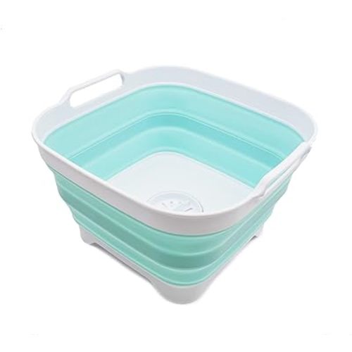 SAMMART 10L (2.64 Gallon) Collapsible Dishpan with Draining Plug - Foldable Washing Basin - Portable Dish Washing Tub - Space Saving Kitchen Storage Tray (1, White/Lake Green)
