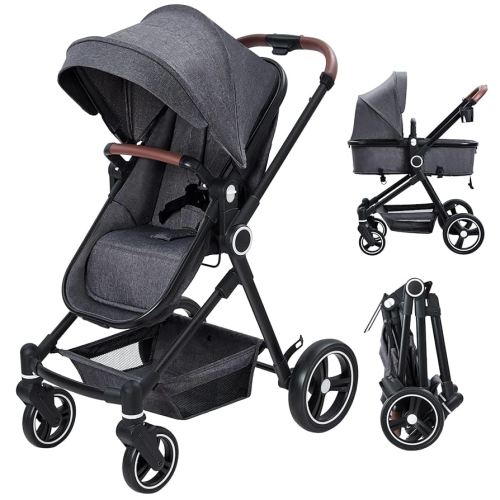2-in-1 Pushchair Reversible Infant seat, Bassinet with one-Hand Folding Convenience Pushchair with Recliner and Extra-Large Canopy - Dark Gray