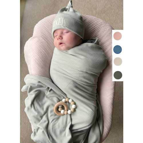 Ribbed Knit Swaddle Blanket, Newborn Baby Swaddle and Hat Set, Knit Headband, Stretchy Baby Wrap, Personalized Baby Hat