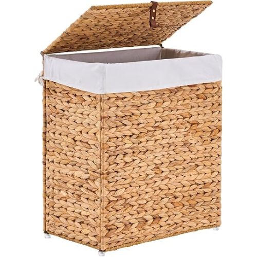 Handwoven Laundry Basket with Lid, Natural Water Hyacinth Storage Basket with Handle, Removable Cotton Liner, Durable and Stylish for Bedroom, Bathroom, Laundry Room