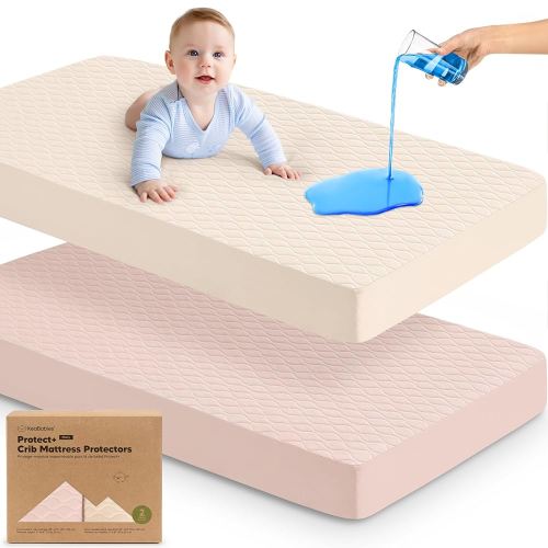 Waterproof Crib Mattress Protector Cover Fitted - 2-Pack Quiet Baby Mattress Topper Crib Sheets, 52" x 28" Soft Quilted Cotton Baby Sheet, Easy Fit, Durable Toddler Liner (Cameo)