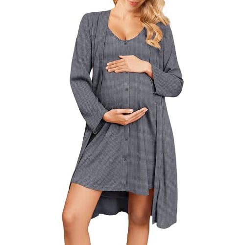 Ekouaer Maternity Nursing Gown and Robe Set 2 Piece Waffle Breastfeeding Nightgown 3 in 1 Labor and Delivery Hospital Gown