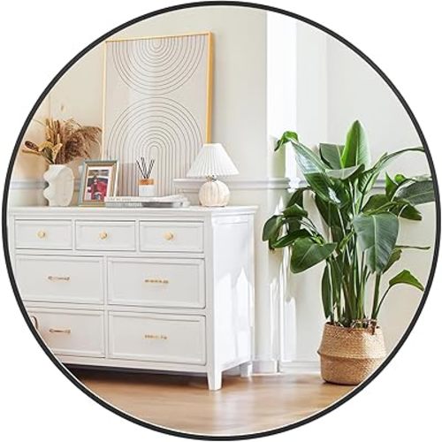 Round Mirror, 18 inch Circle Mirror, Black Metal Frame Round Mirrors for Wall, Bathroom Mirrors for Wall Decor, Wall Mirrors for Entryway, Living Room, Dining Room, Easy to Install