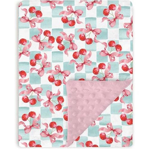 Pink Baby Blankets for Girls 30" x 40", Soft Double Layer Minky Blanket with Dotted Fleece Back, Nursery Bed Receiving Quilt Newborn Infant Toddler Shower Gift Cherry Fruit Bow Ribbon Theme
