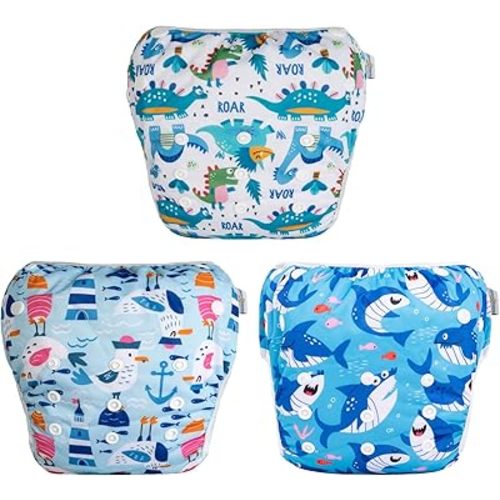 Babygoal Baby Boy Swim Diapers 3 Pack for 8M-3T Babies and Toddlers, Reusable Adjustable Washable for Swimming Lessons-Dinosaur,Shark,Fish