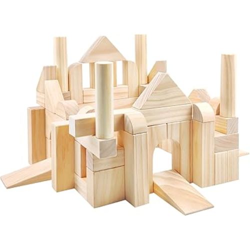 Onshine Large Wooden Blocks for Toddlers 1-3, 64 Pieces Big Wood Building Blocks Set with Wooden Storage Box, Large Toddler Blocks Building and Stacking Toys Construction Set
