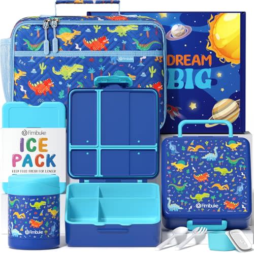 Fimibuke Kids Bento Snack Lunch Box with 4 Compartment, Insulated Lunch Bag, Stainless Steel Vacuum Thermo Food Jar, Ice Pack, Utensils Set, Birthday Gifts for Age 3-12 Back to School Toddler Girl Boy