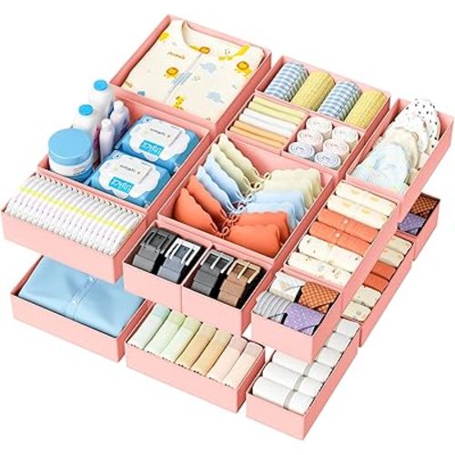 DIMJ Drawer Organizer Clothes - 18 Pack Closet Drawer Organizer Bins for Baby Clothes Storage, Fabric Dresser Organizer for Nursery Bedroom, Foldable Small Drawer Dividers for Underwear Socks