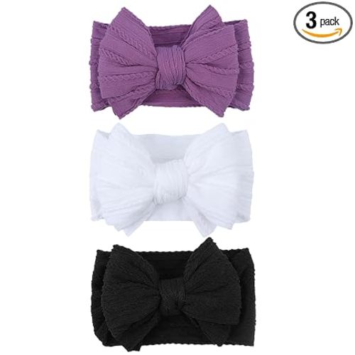 LemonSpace Handmade Baby Girls Headbands Soft Stretchy Nylon Hair Bands Hair Accessories with Bows for Newborn Baby Girls Infant Toddlers Kids(White Black Purple)