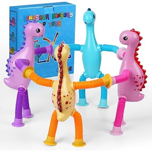 Dinosaur LED Pop Tubes,Valentines Day Gifts for Kids,4 Pack Dinosaur Fidget Toys,Sensory Toys Gifts for Boys Girls,Dinosaur Valentines Party Favors,Classroom Exchange, School Reward