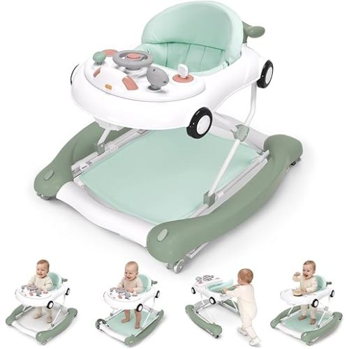 5-in-1 Convertible Baby Walker with Steering Wheel Music Activity Center – Infant Rocker, Jumper, Push Walker, Bouncer & Feeding Foldable Walker for Ages 6-18 Months Boys Girls (Mint)