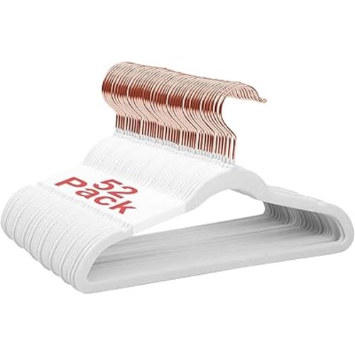 Baby Velvet Hangers, 52 Pack Kids Clothes Non-Slip Hangers With Shoulder Notches, Storage Organizer for Infant and Toddler White (Rose Gold Hook)