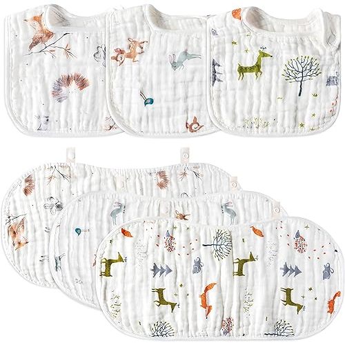 Zainpe 6Pcs Snap Cotton Muslin Baby Burp Cloths & Bibs Set Soft Absorbent Drooling Bibs Adjustable Face Towels