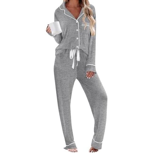 Pajamas For Women Set 2 Piece Pjs Set Long Sleeve Button Up Lounge Set Sleep Wear With Pockets