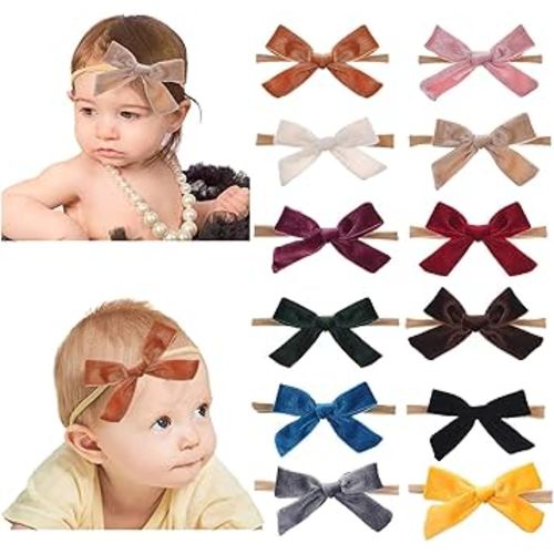 Baby Girl Velvet Bow Nylon Headband, Tiny Bow Hair Bands, Velour Head Wrap 12pcs for Newborn Infant Toddlers