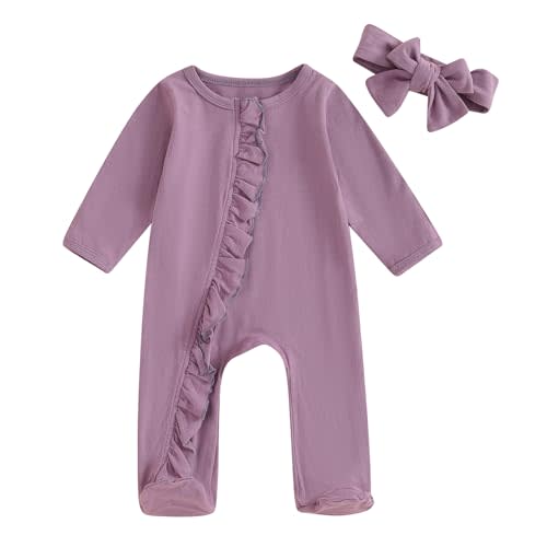 Karwuiio Newborn Baby Girl Clothes Long Sleeve Solid Color Romper Jumpsuits with Headband Infant Coming Home Outfit