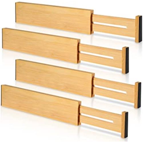 4 Pack Bamboo Drawer Dividers, Adjustable Length from 12 Inch to 17 Inch, Expandable Kitchen Drawer Organizer, Drawer Organization Separators for Clothes, Kitchen, Bedroom, Dresser, Office (Beige)